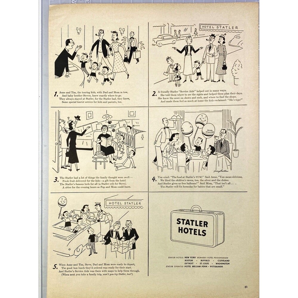 Statler Hotels "Cartoons expressing advantages of Statler" Vintage Print Ad 1949